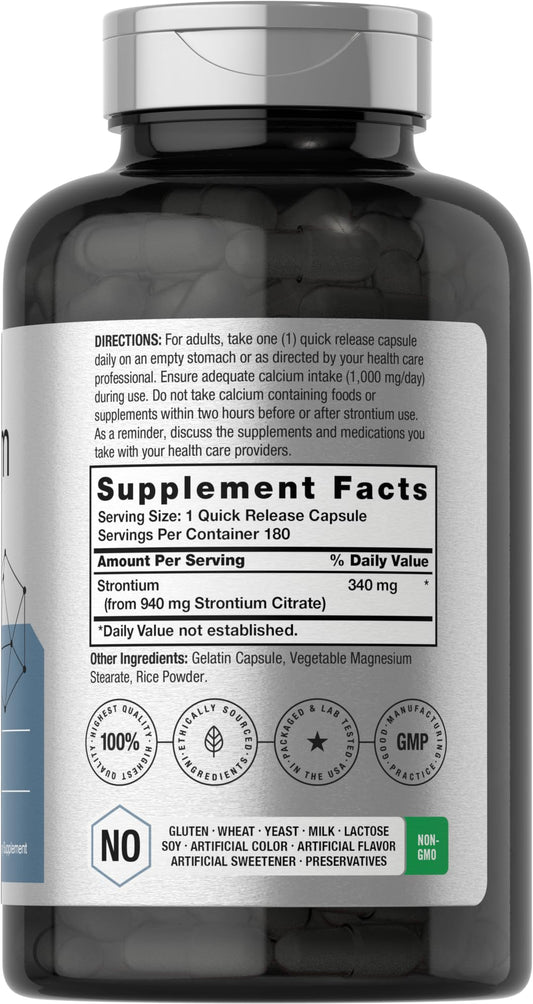Horbäach Strontium Citrate 940 mg bottle with capsules on white backdrop