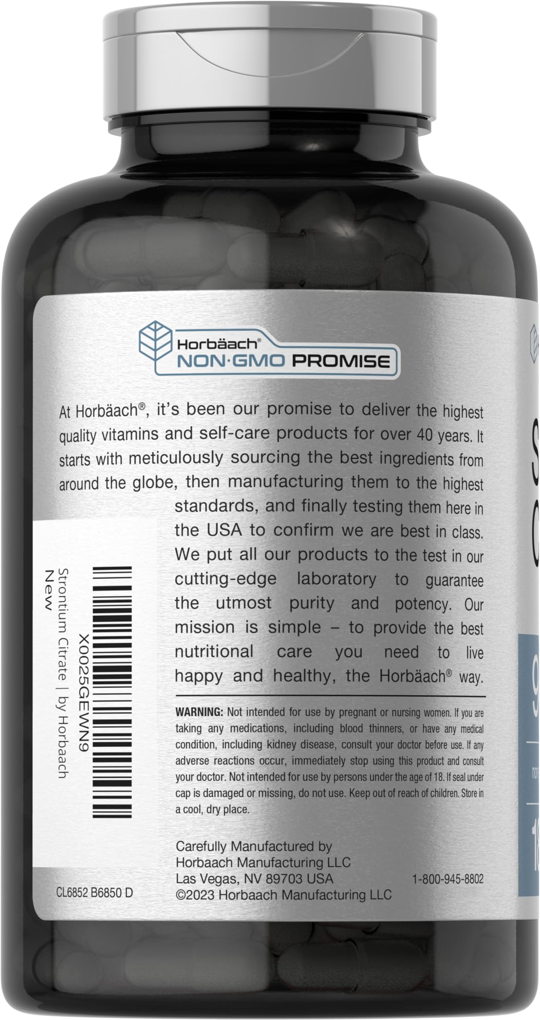 Close-up of Horbäach Strontium Citrate 940 mg label