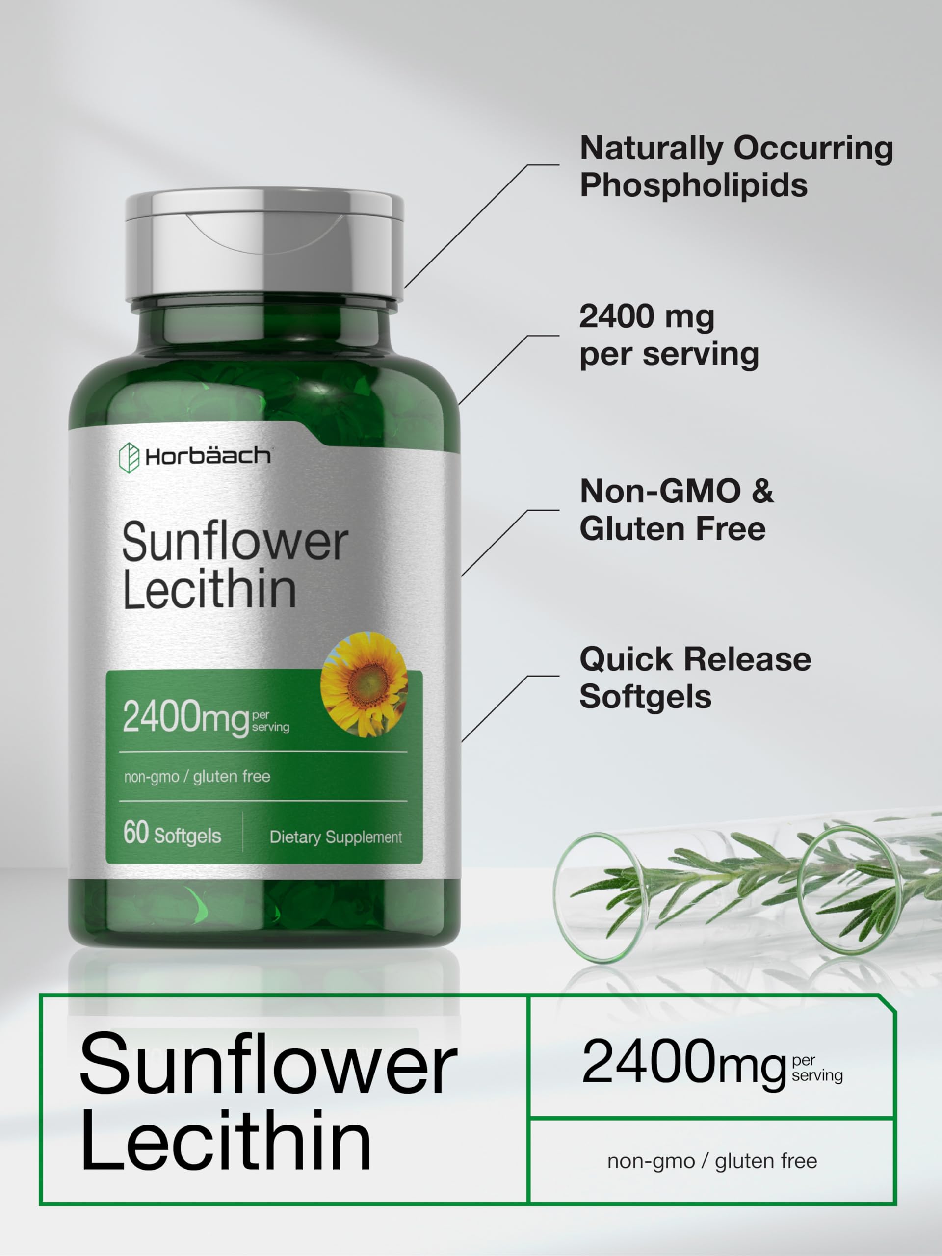 Front view of Horbäach Sunflower Lecithin bottle showing 2400mg and Non-GMO claim