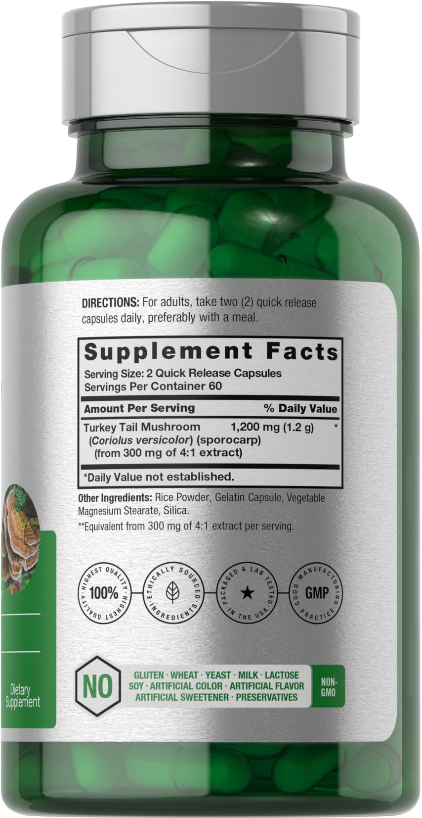 Close-up of 1200 mg Turkey Tail Mushroom capsules