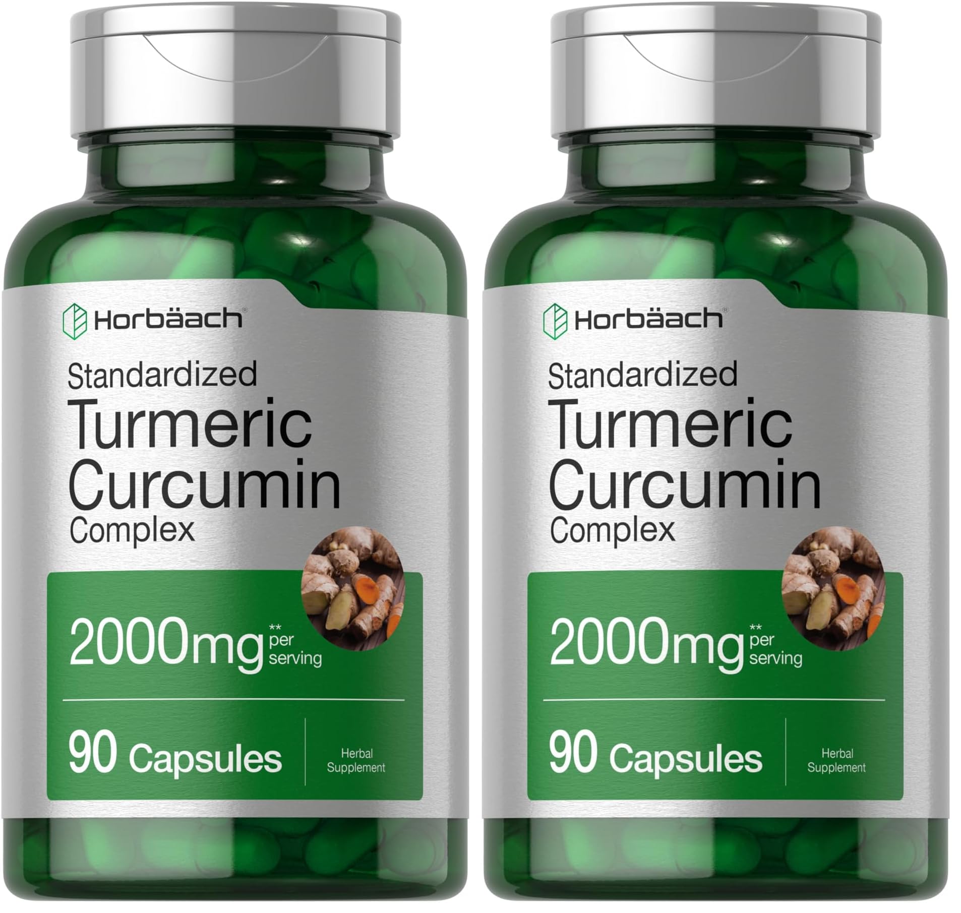 Front view of Horbaach Turmeric Curcumin 2000mg bottle (90 capsules) - Pack of 2