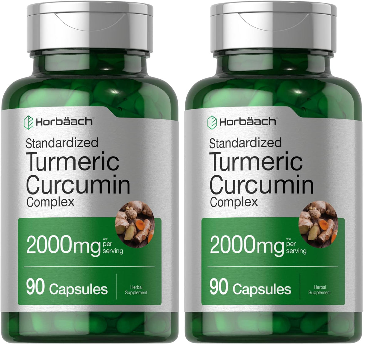 Front view of Horbaach Turmeric Curcumin 2000mg bottle (90 capsules) - Pack of 2