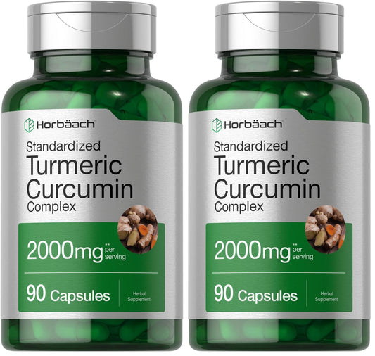 Front view of Horbaach Turmeric Curcumin 2000mg bottle (90 capsules) - Pack of 2