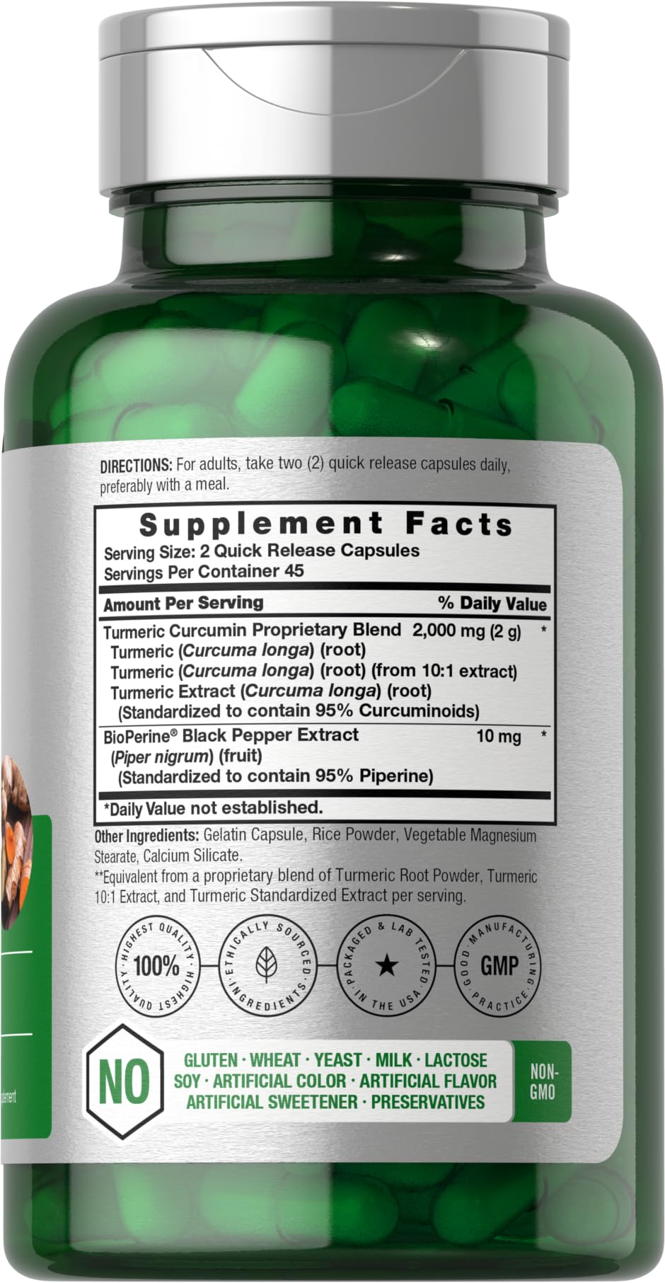 Close-up of Horbaach label showing Turmeric Curcumin 2000mg with Black Pepper