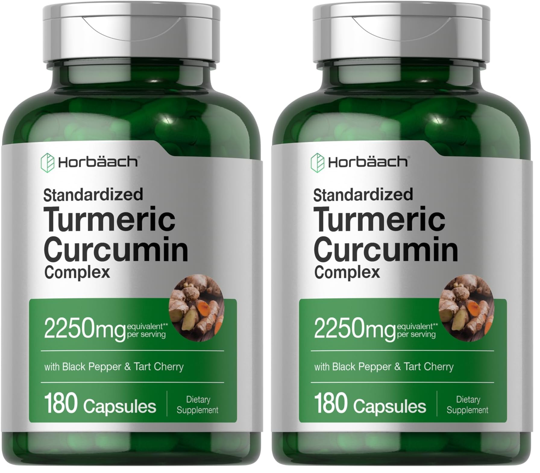 Horbäach Turmeric Curcumin 2250mg bottle with Black Pepper & Tart Cherry - 180 capsules, pack of 2