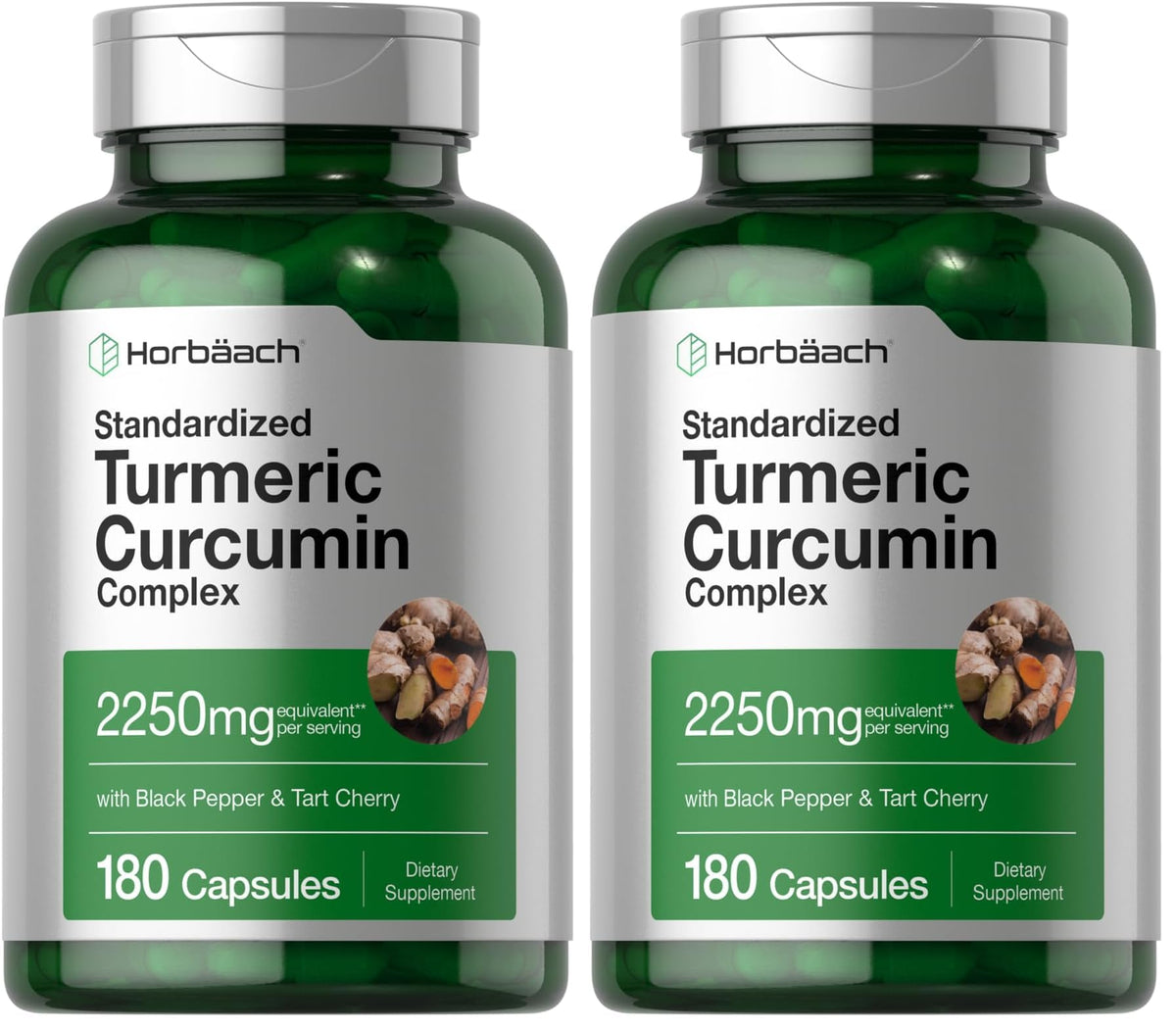 Horbäach Turmeric Curcumin 2250mg bottle with Black Pepper & Tart Cherry - 180 capsules, pack of 2