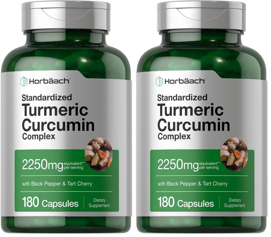 Horbäach Turmeric Curcumin 2250mg bottle with Black Pepper & Tart Cherry - 180 capsules, pack of 2