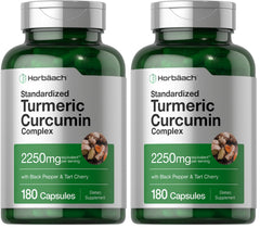 Horbäach Turmeric Curcumin 2250mg bottle with Black Pepper & Tart Cherry - 180 capsules, pack of 2