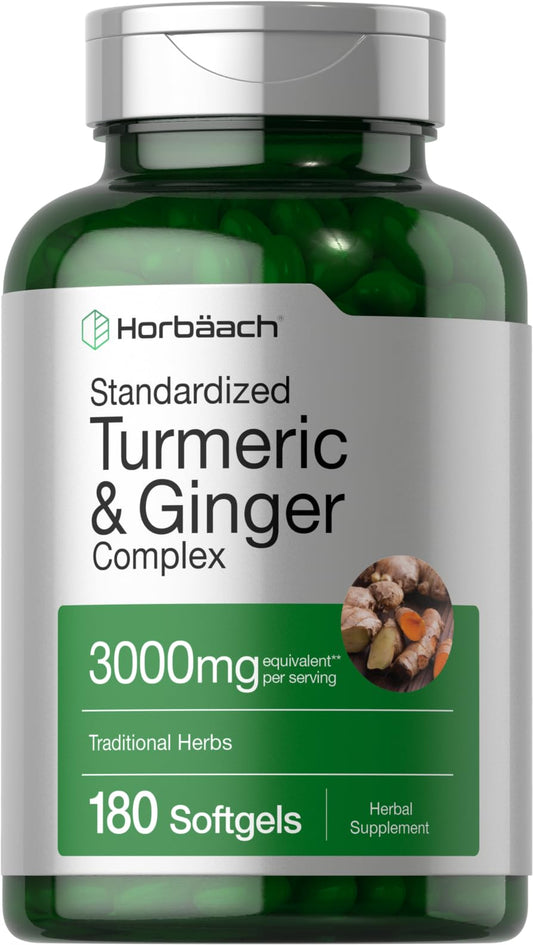 Horbäach Turmeric & Ginger supplement bottle with 180 softgels