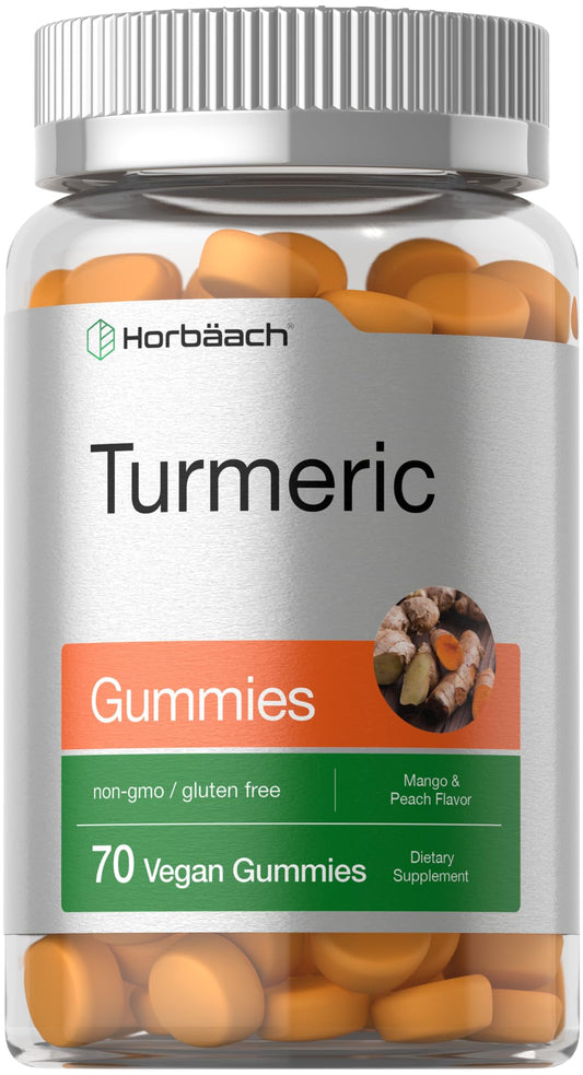 Bottle of Horbaach Turmeric Gummies Mango Peach flavor