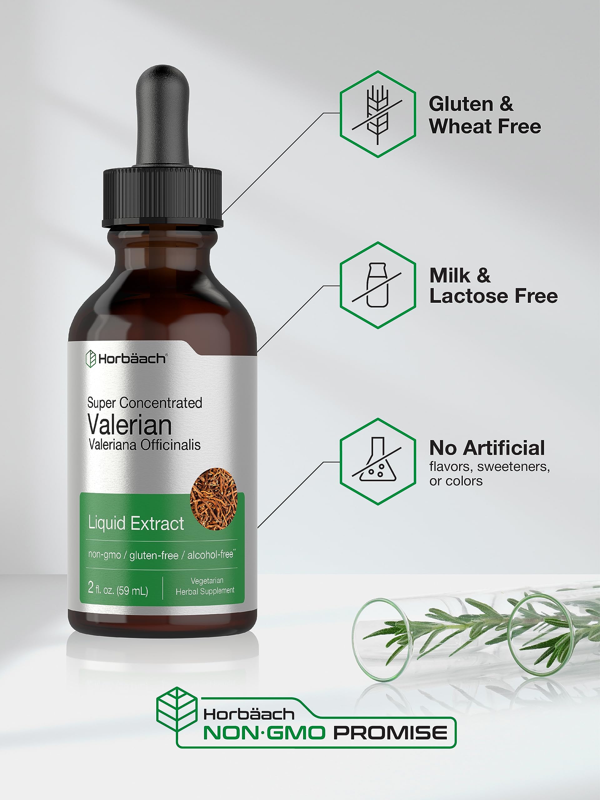 Close-up of Horbäach Valerian Root Extract Drops 2 oz bottle