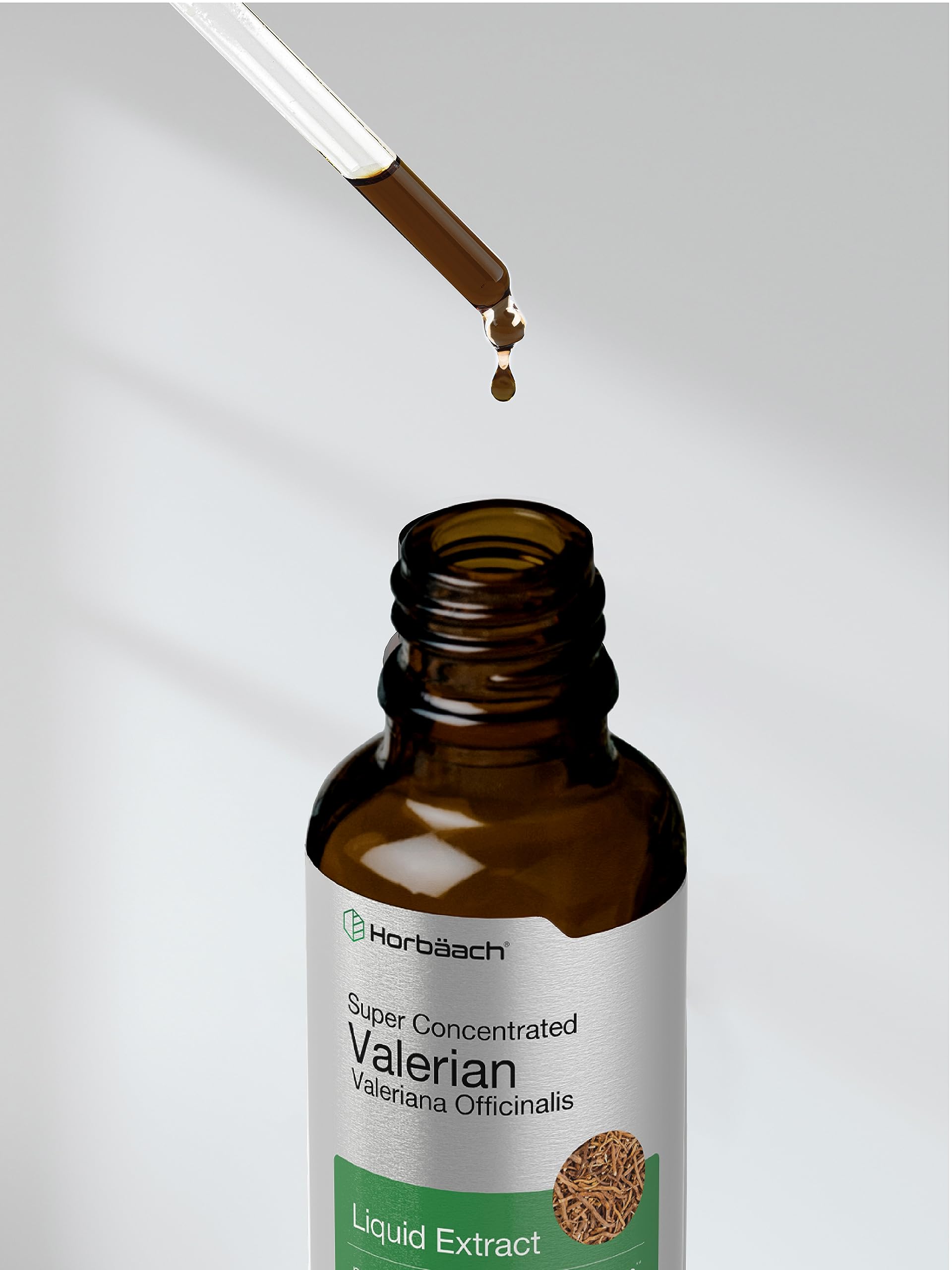 Packshot of Horbäach Valerian Root Extract Drops bottle and packaging