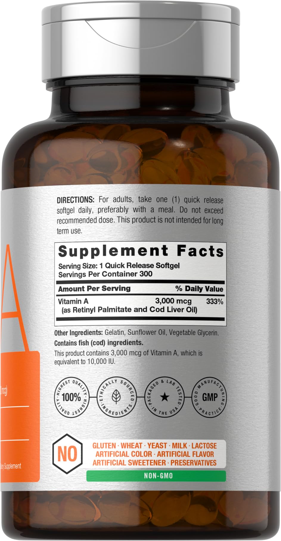 Close-up of Horbaach Vitamin A 10000 IU softgel capsule