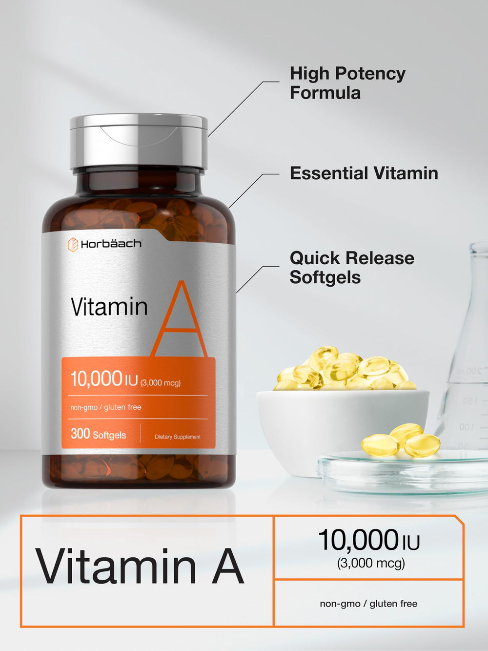 Horbäach Vitamin A 10,000 IU bottle and softgels