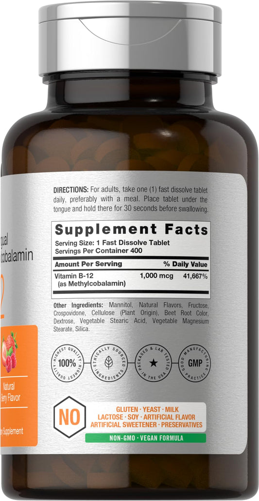 Berry-flavored Vitamin B12 Sublingual 1000 mcg tablets close-up