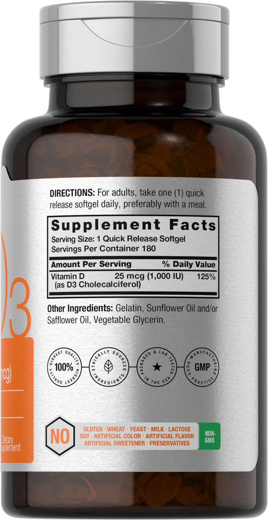 180-count Horbäach Vitamin D3 1000IU softgels bottle