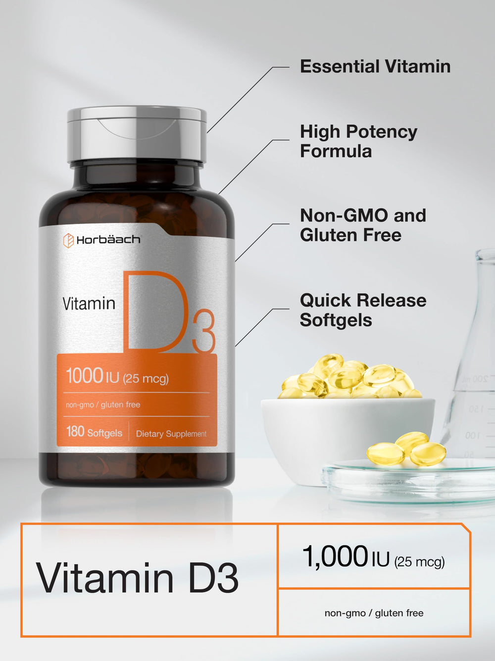 Non-GMO and gluten-free labeling on Horbäach Vitamin D3