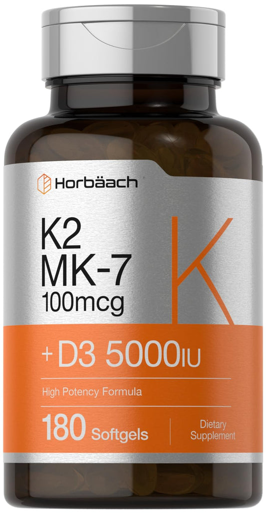 Horbäach Vitamin D3 K2 5000 IU bottle - 180 softgels, front view