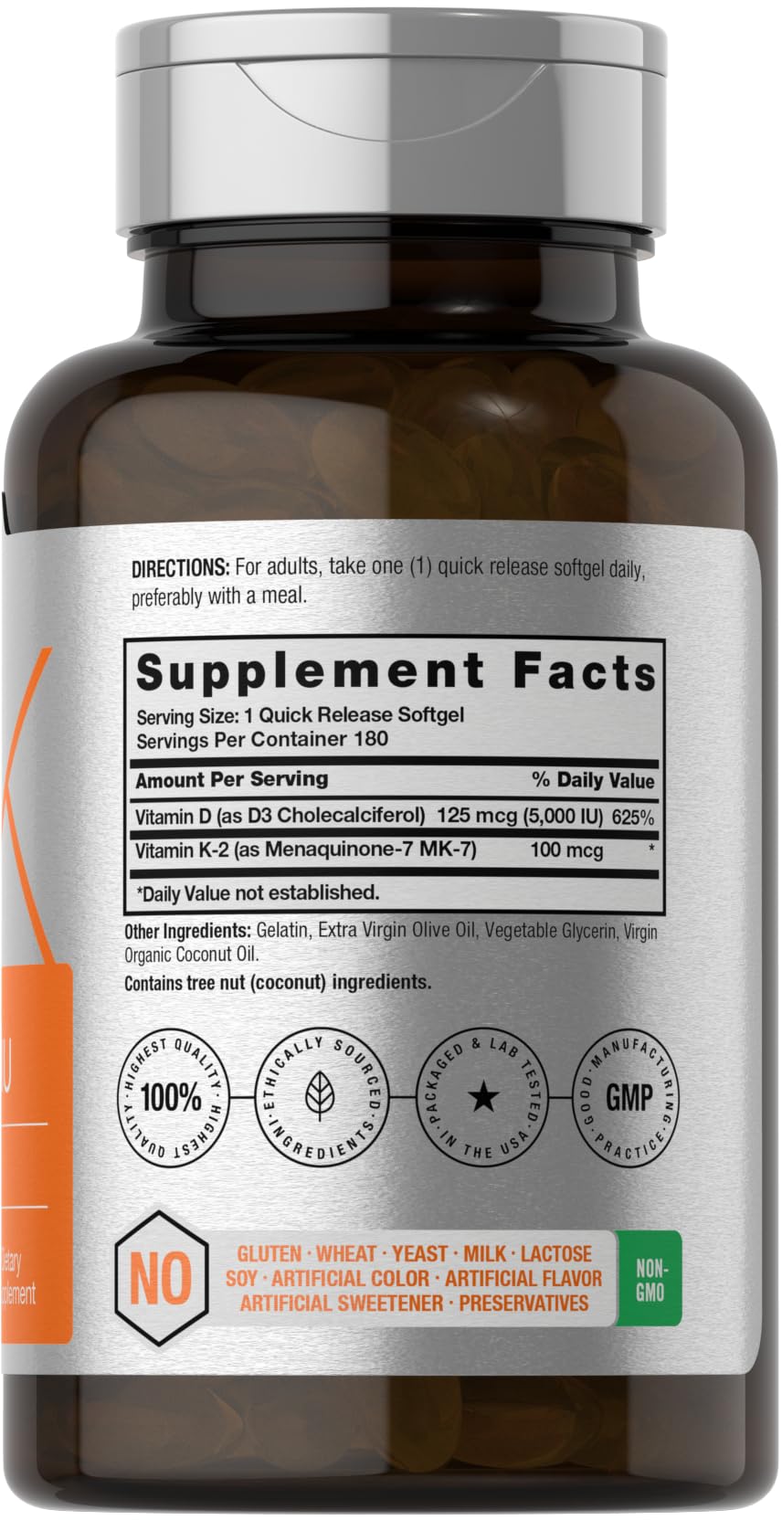 Close-up of bottle label showing 100 mcg MK-7 and 5,000 IU D3