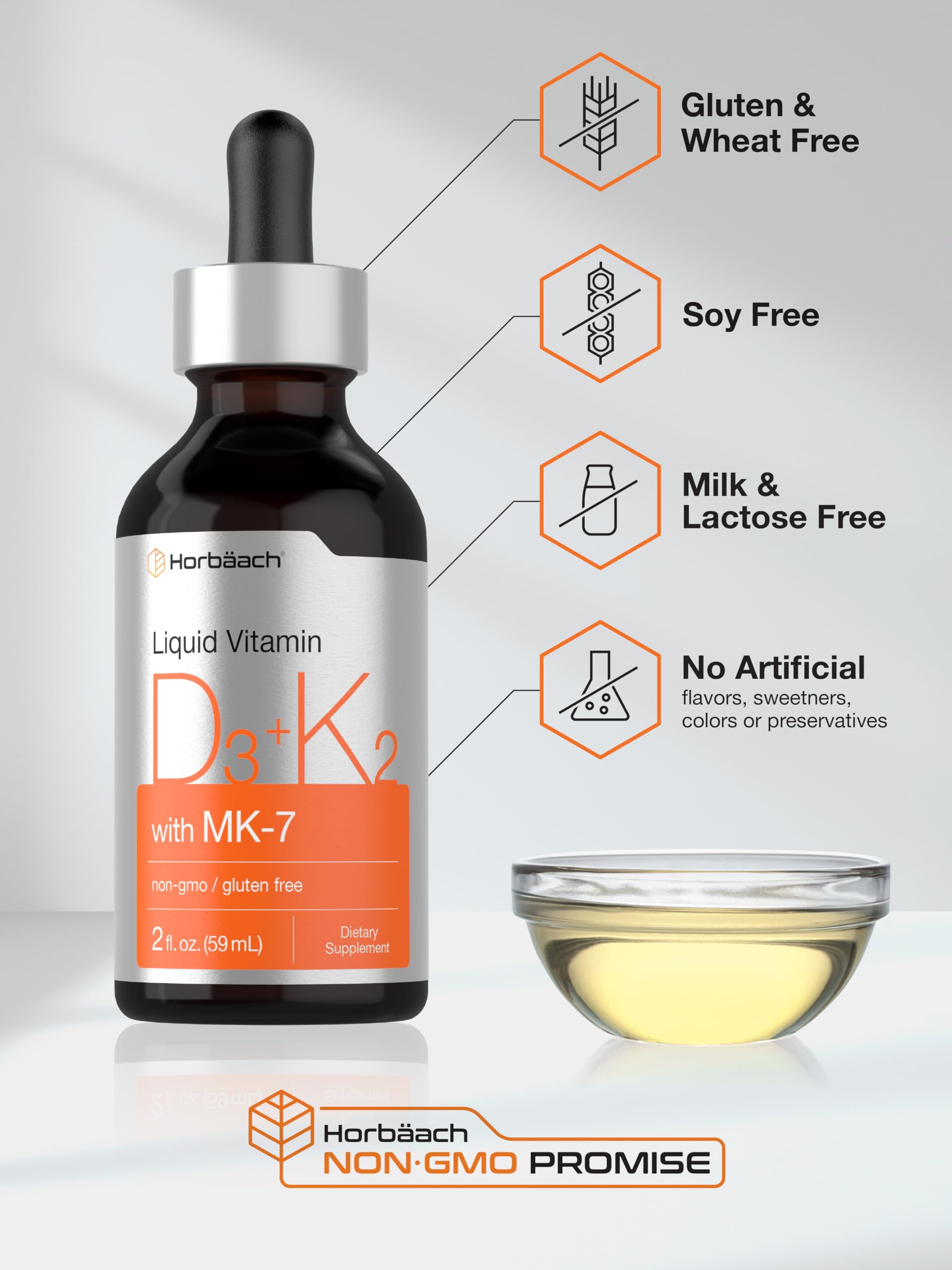 2 oz bottle with dropper of Horbaach D3 K2 liquid