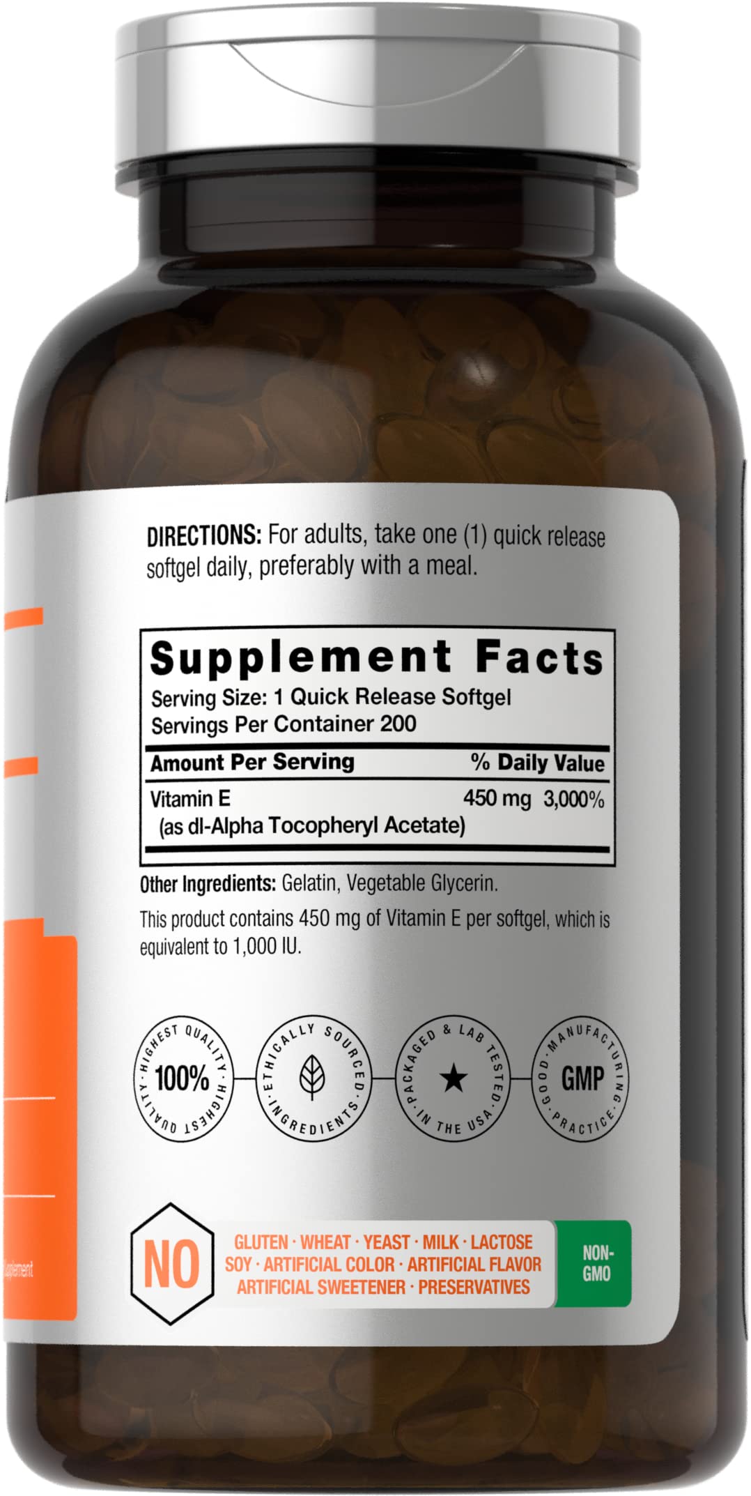 Close-up of Horbaach Vitamin E 1000 IU softgel capsules