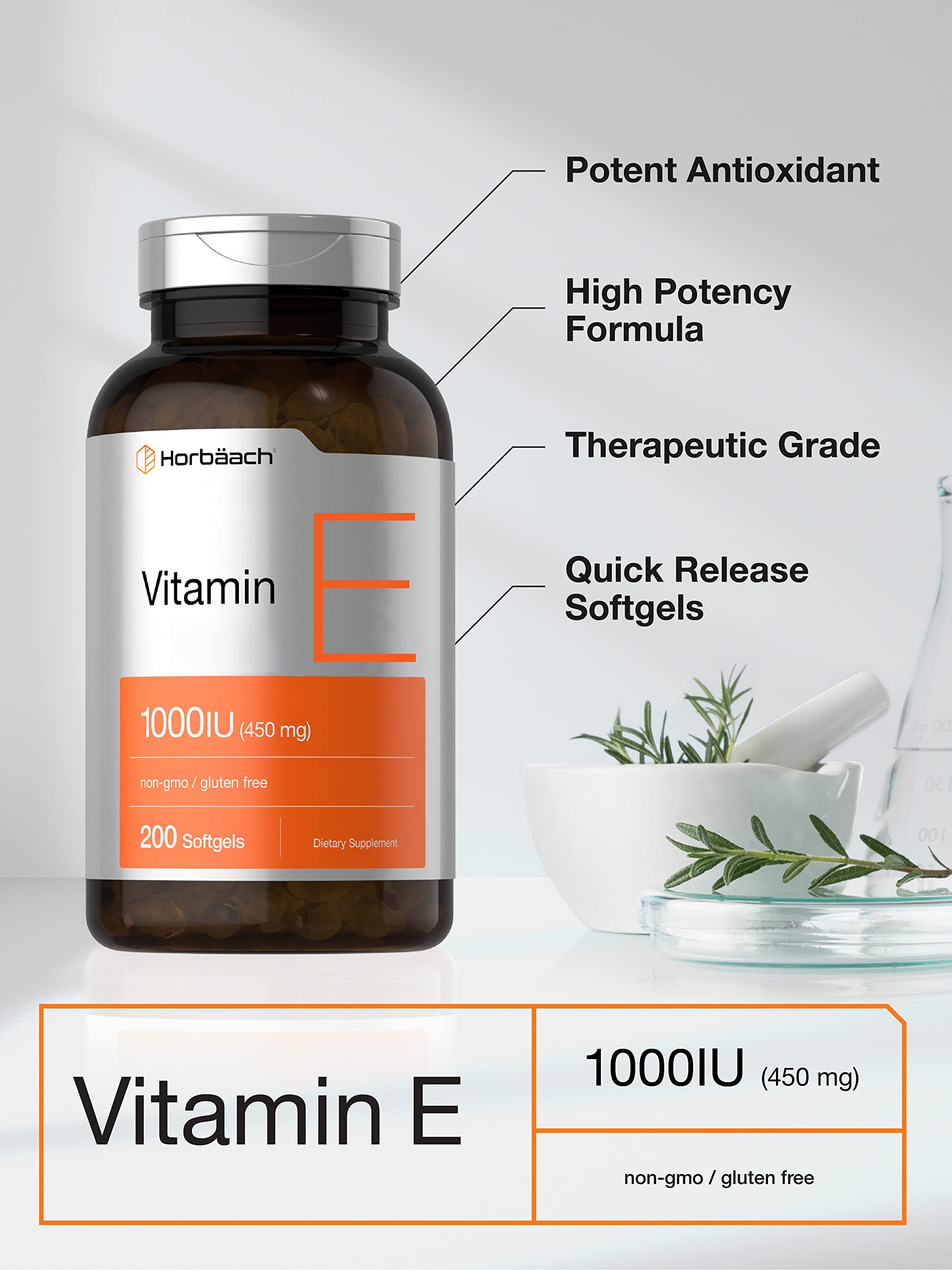 Packaging for Horbaach Vitamin E 1000 IU softgels 200-count