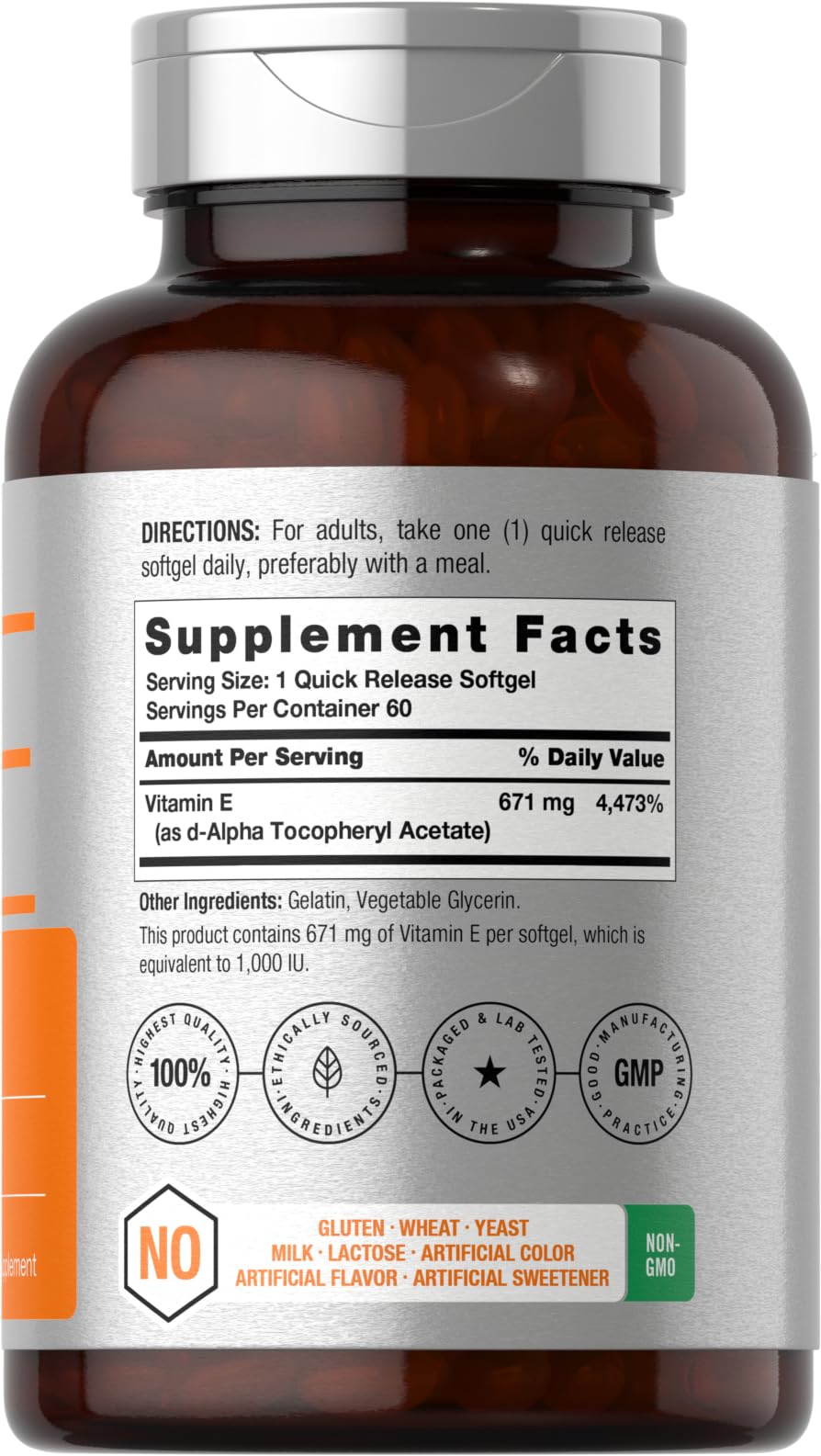 Bottle of Horbaach Vitamin E 1000 IU Softgels with label