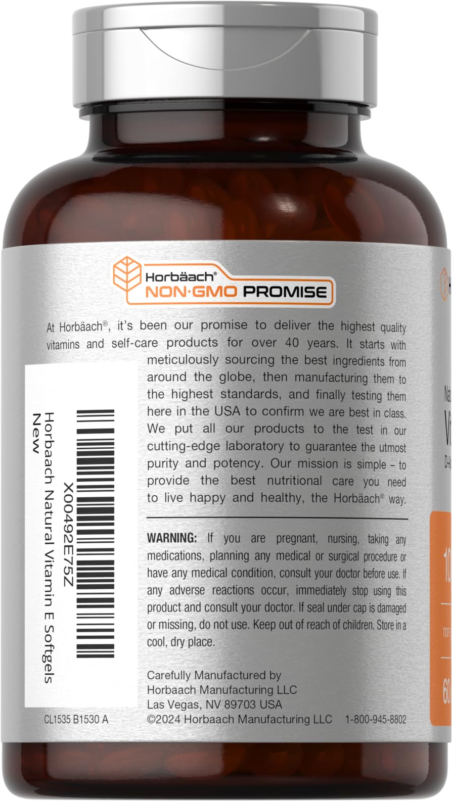 Close-up of Horbaach Vitamin E 1000 IU label showing 671 mg (1000 IU)