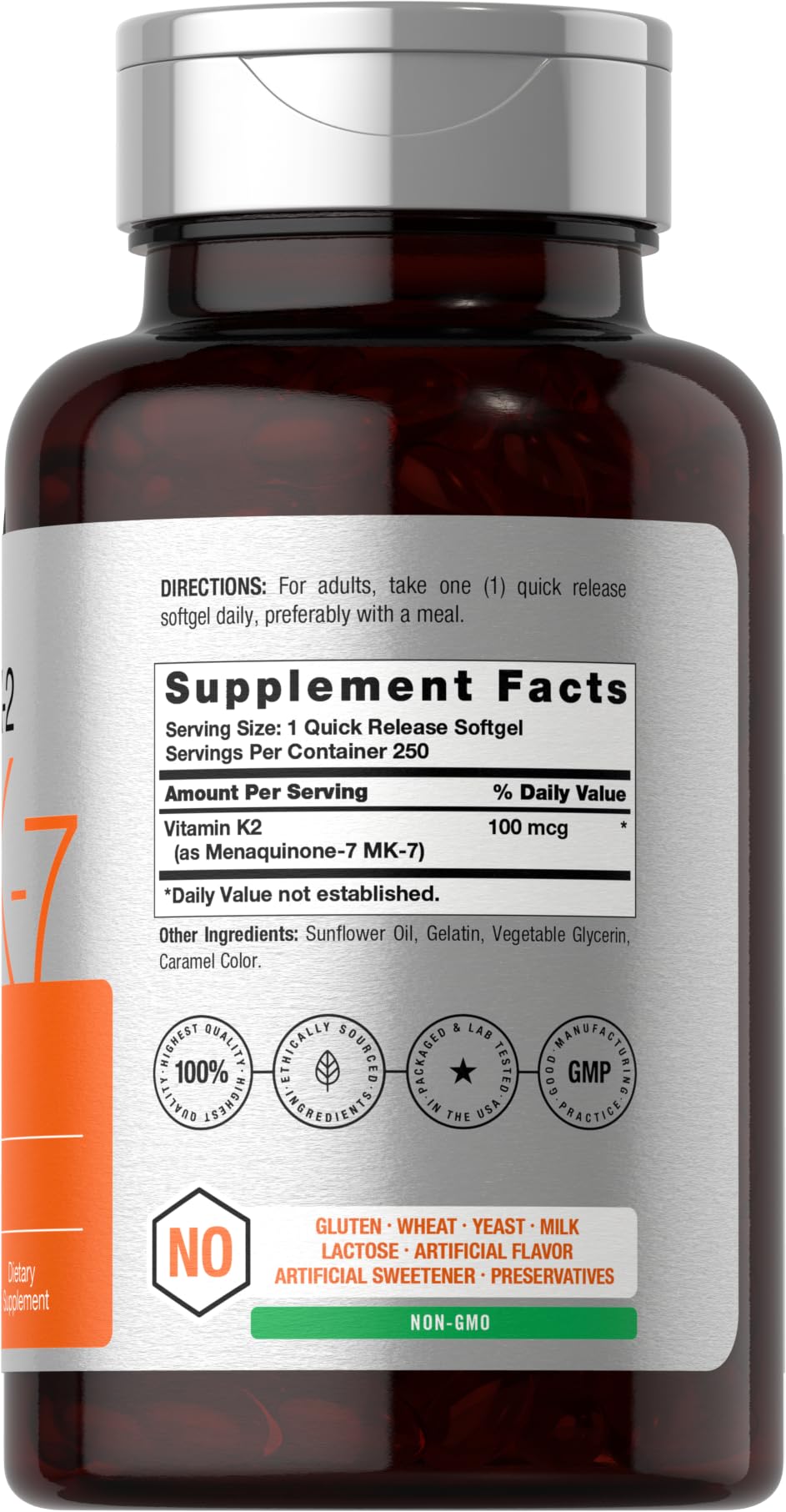 Close-up of 100 mcg Vitamin K2 MK7 softgels