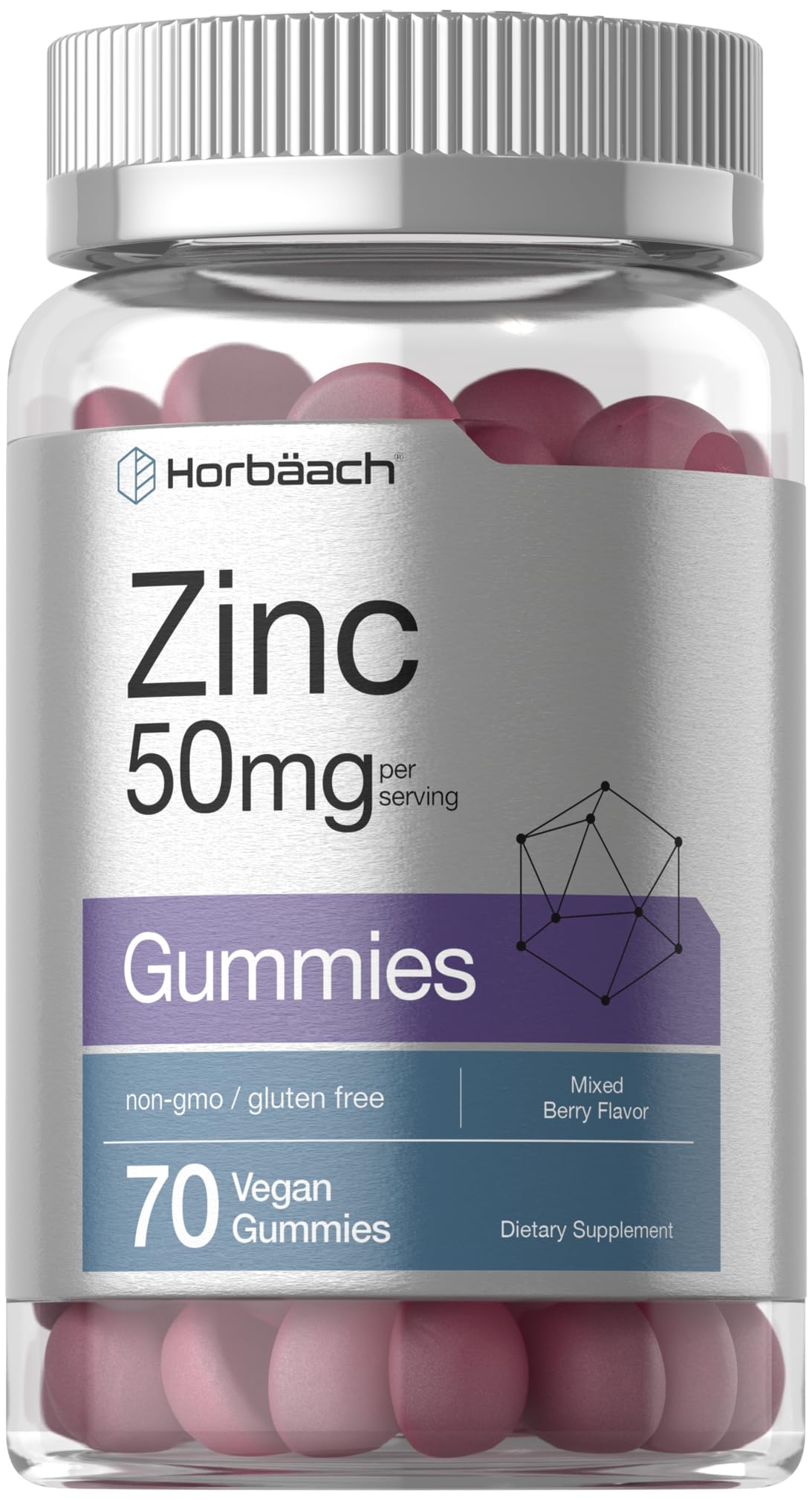 Horbäach Zinc 50mg gummies bottle featuring mixed berry flavor