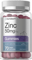 Horbäach Zinc 50mg gummies bottle featuring mixed berry flavor