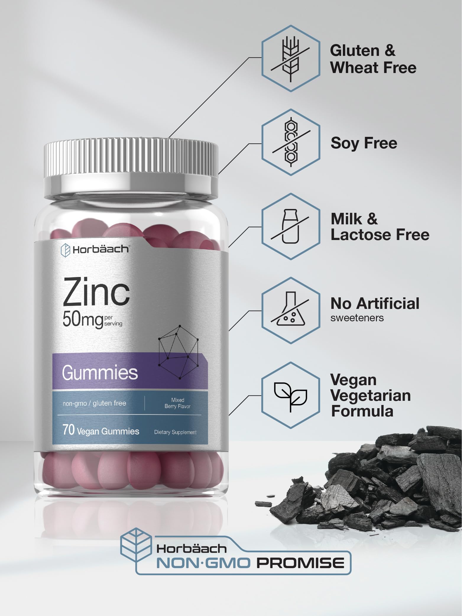 Vegan and gluten-free Horbäach Zinc 50mg gummies packaging