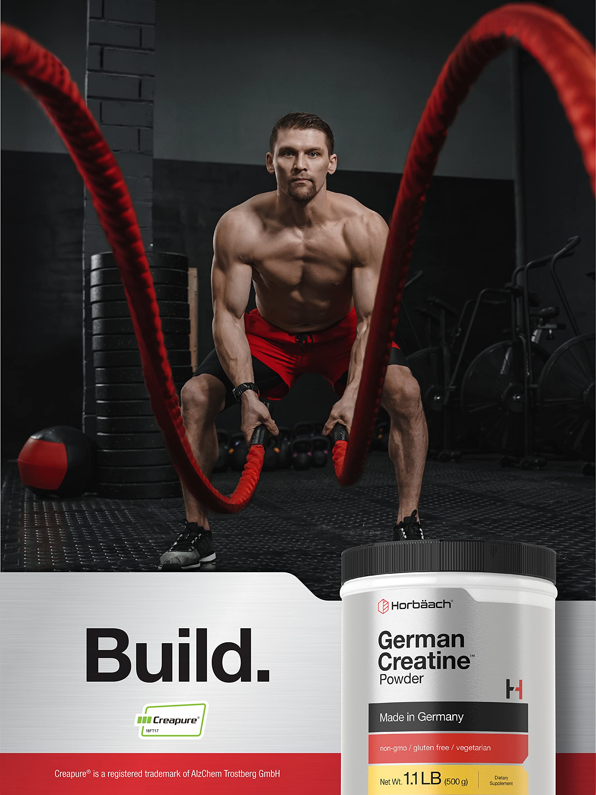 Jar with scoop of Horbäach Creatine Powder