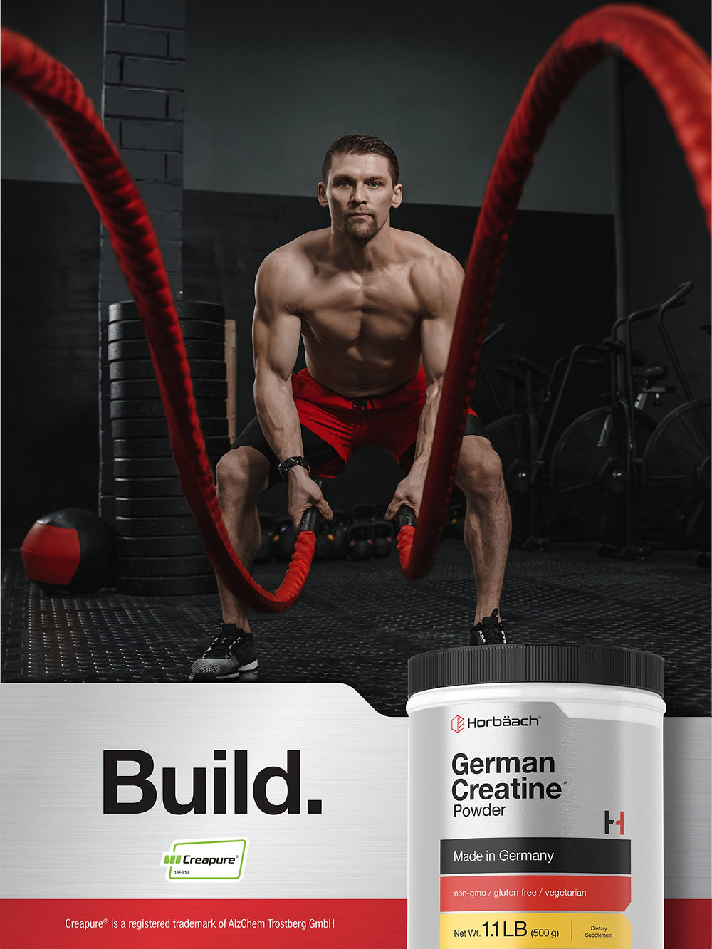 Jar with scoop of Horbäach Creatine Powder