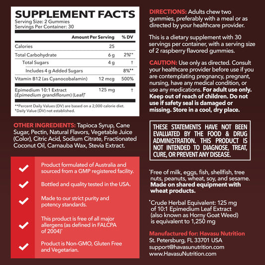 Close-up of Vitamin B12 and horny goat weed gummies label
