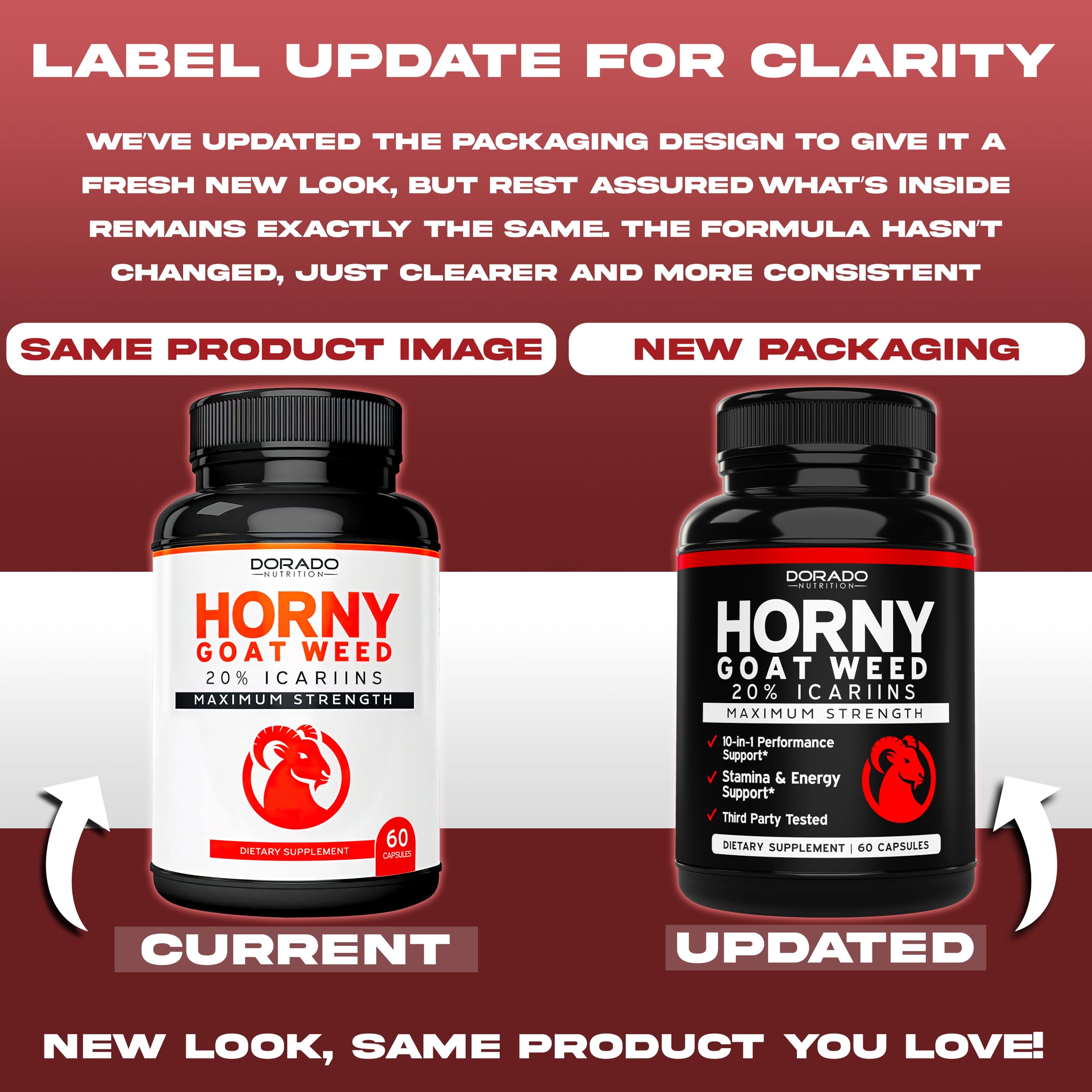 Supplement ingredients include Maca Root, Ginseng, Yohimbine, and Tribulus