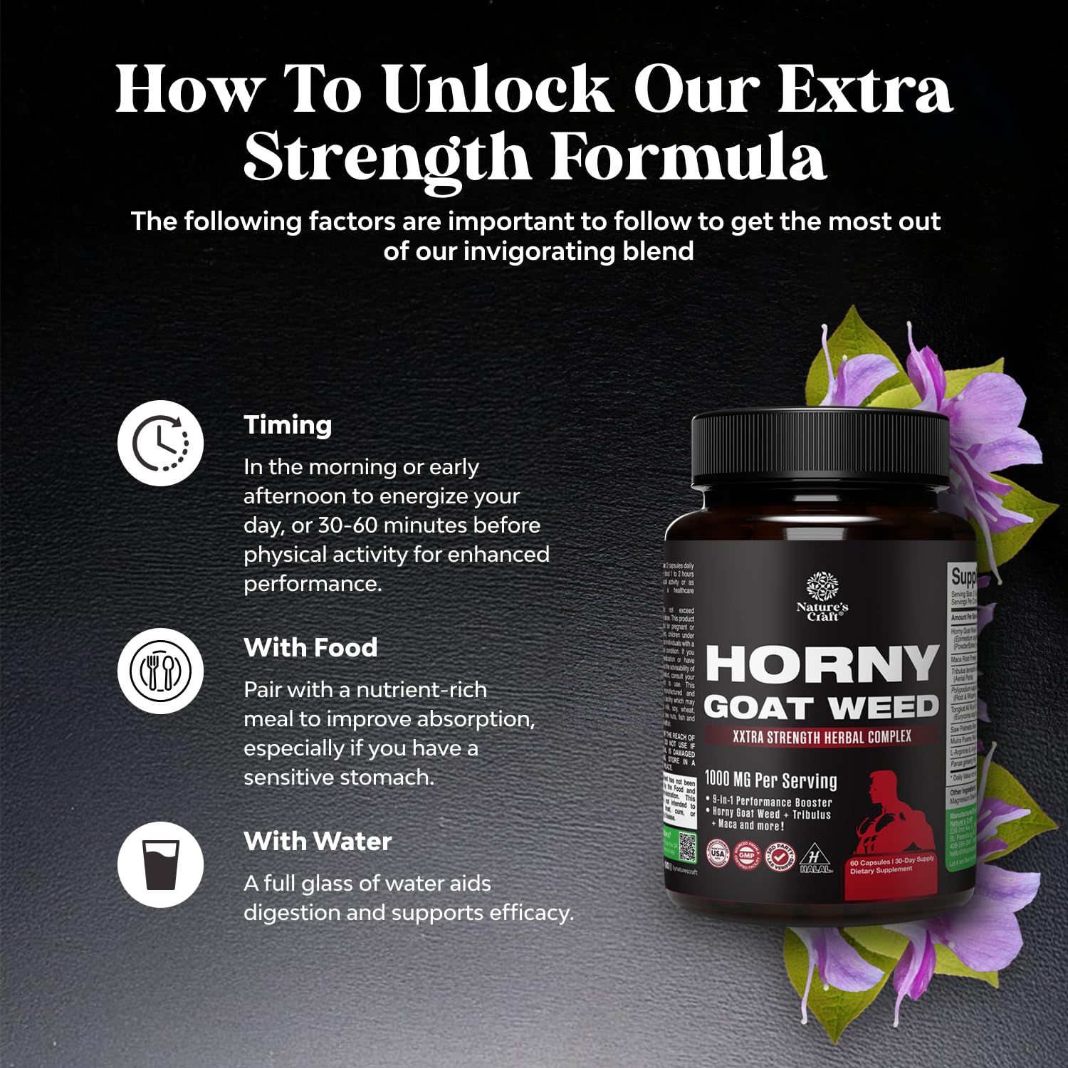 Close-up of Horny Goat Weed extract and Black Maca in the supplement