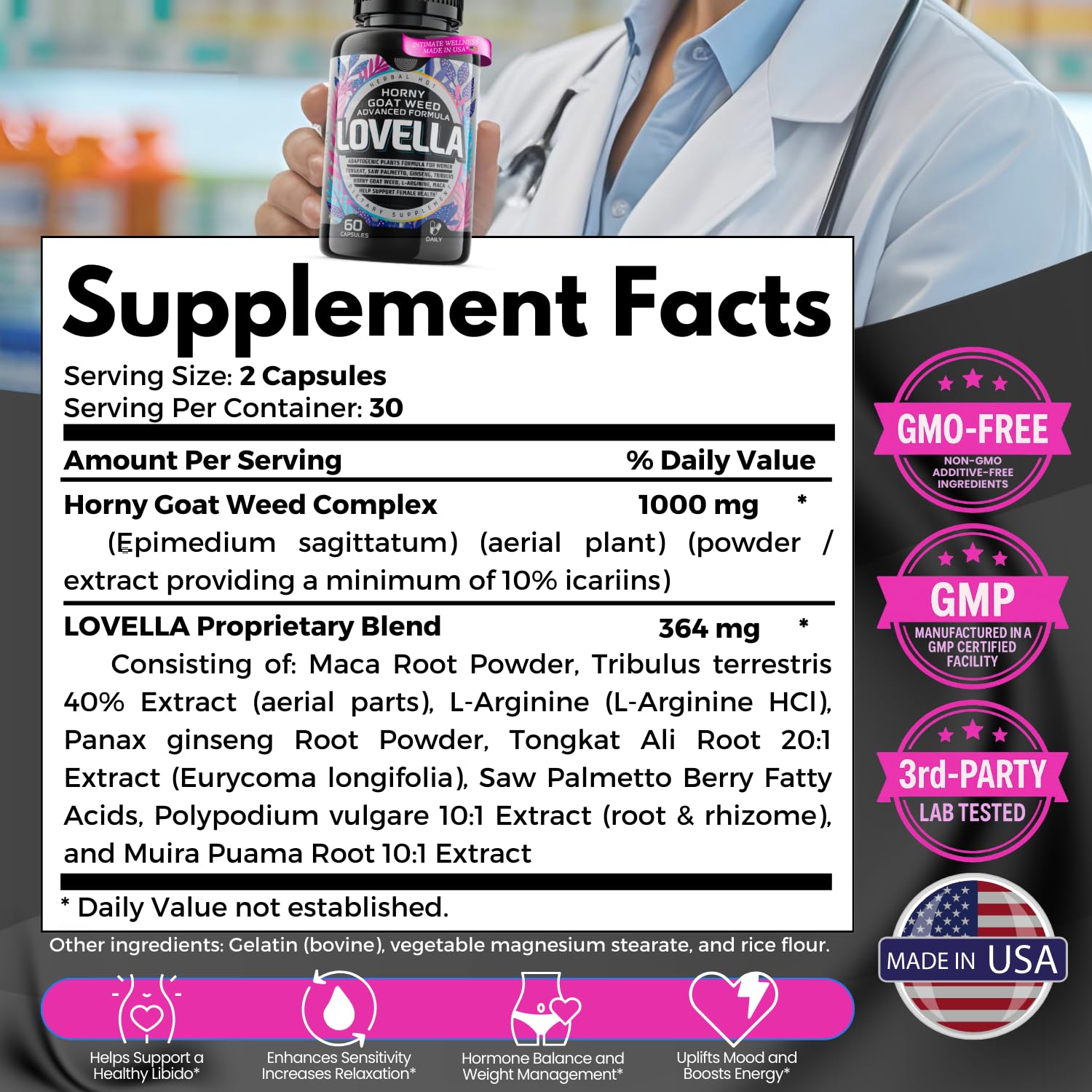 Close-up of Hornygoatweed Women capsules and Maca root powder