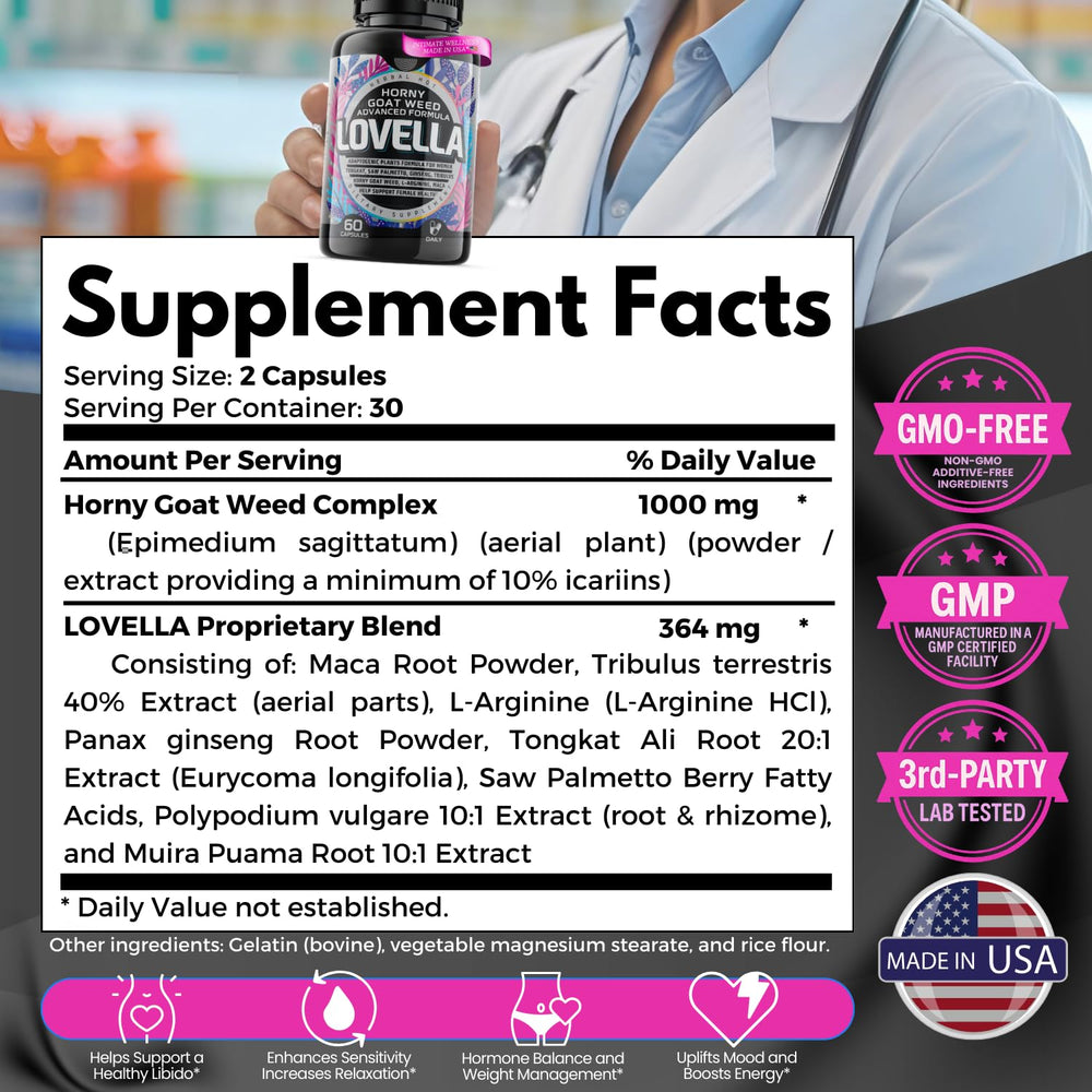 Close-up of Hornygoatweed Women capsules and Maca root powder