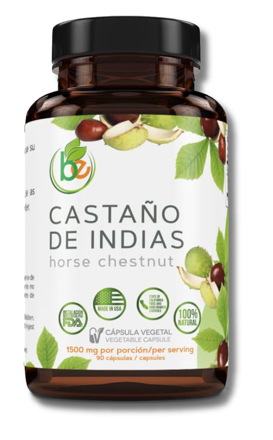 Bottle of Horse Chestnut capsules showing 1500 mg per serving and 90 vegan capsules