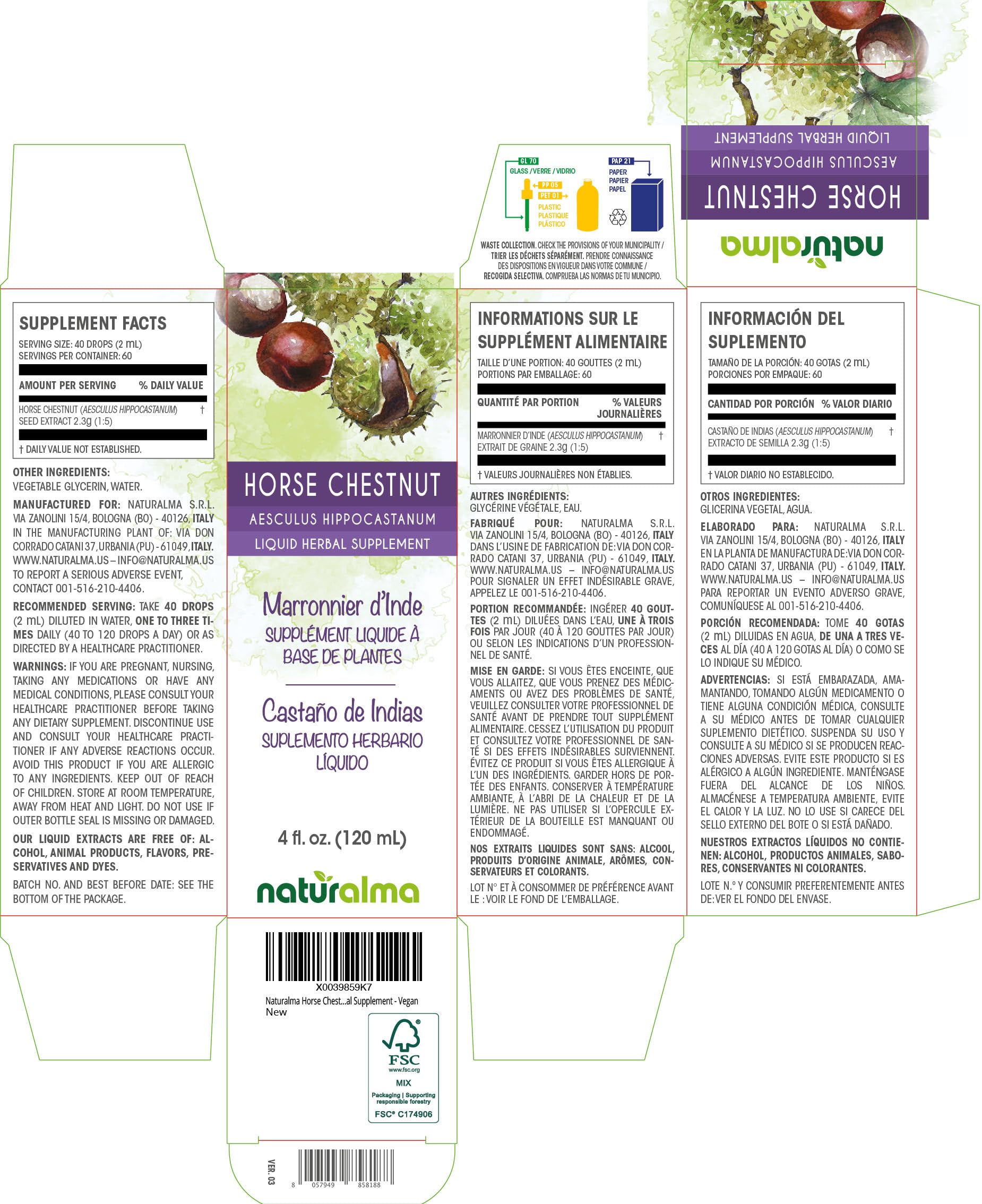 Horse chestnut seed extract drops label showing 1:5 strength