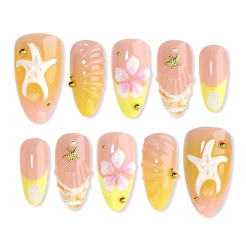 HOSAILY yellow French tip nails with 3D starfish for beach-ready style