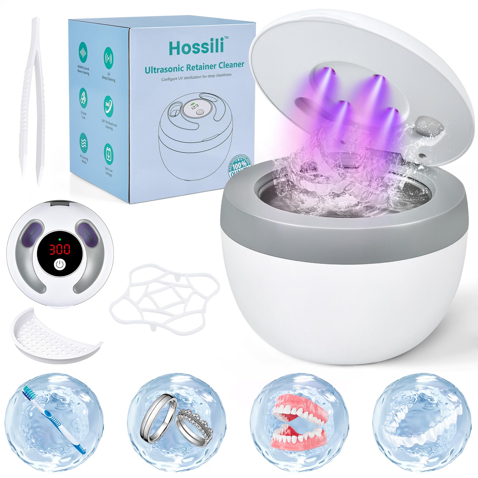 Front view of Hossili Ultrasonic Retainer Cleaner in white