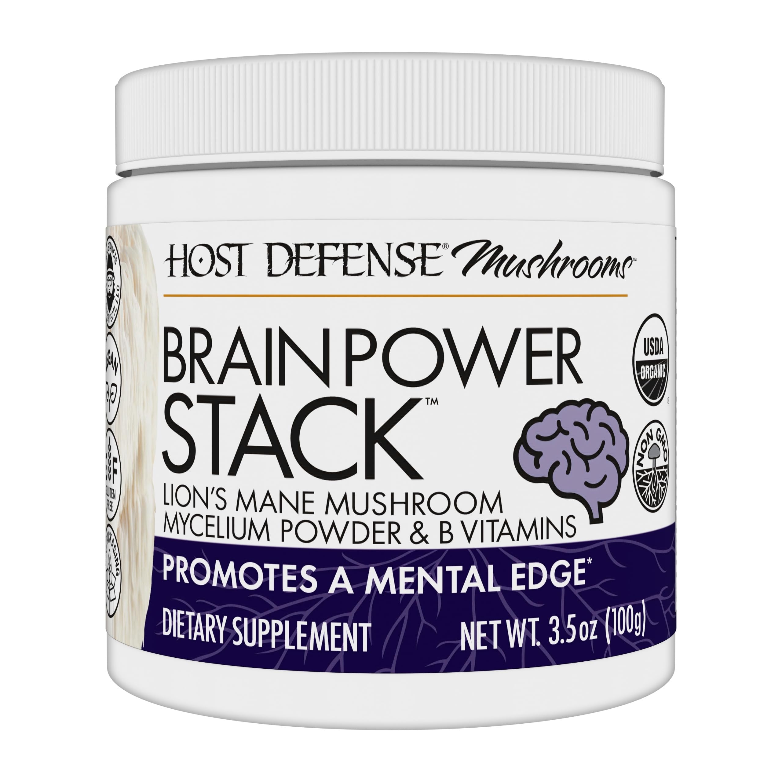 Front view of Host Defense BrainPower Stack Powder 100g packaging