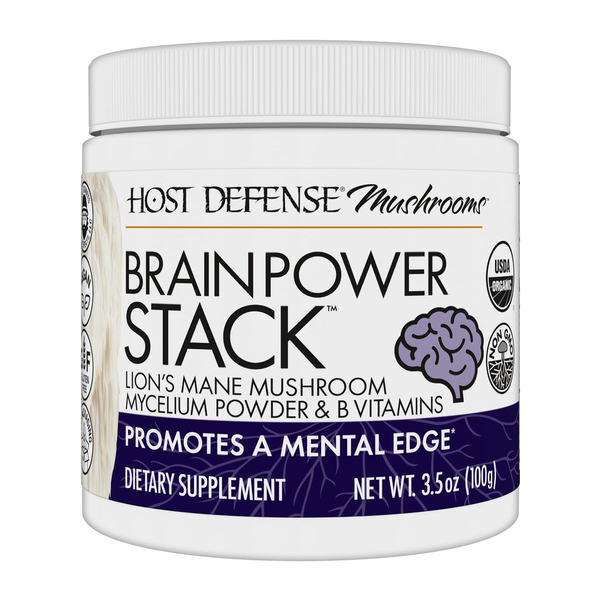 Front view of Host Defense BrainPower Stack Powder 100g packaging