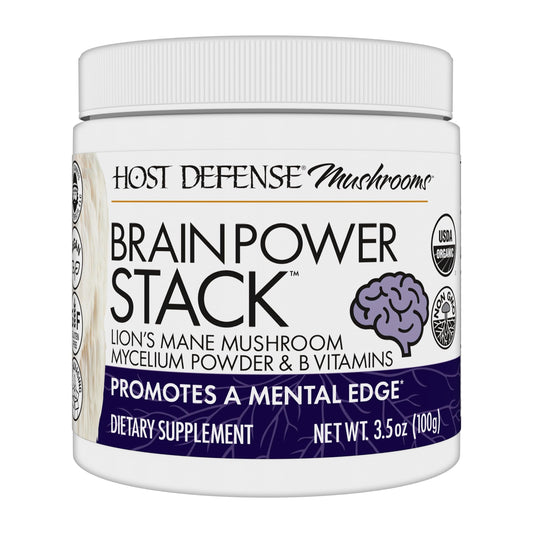 Front view of Host Defense BrainPower Stack Powder 100g packaging
