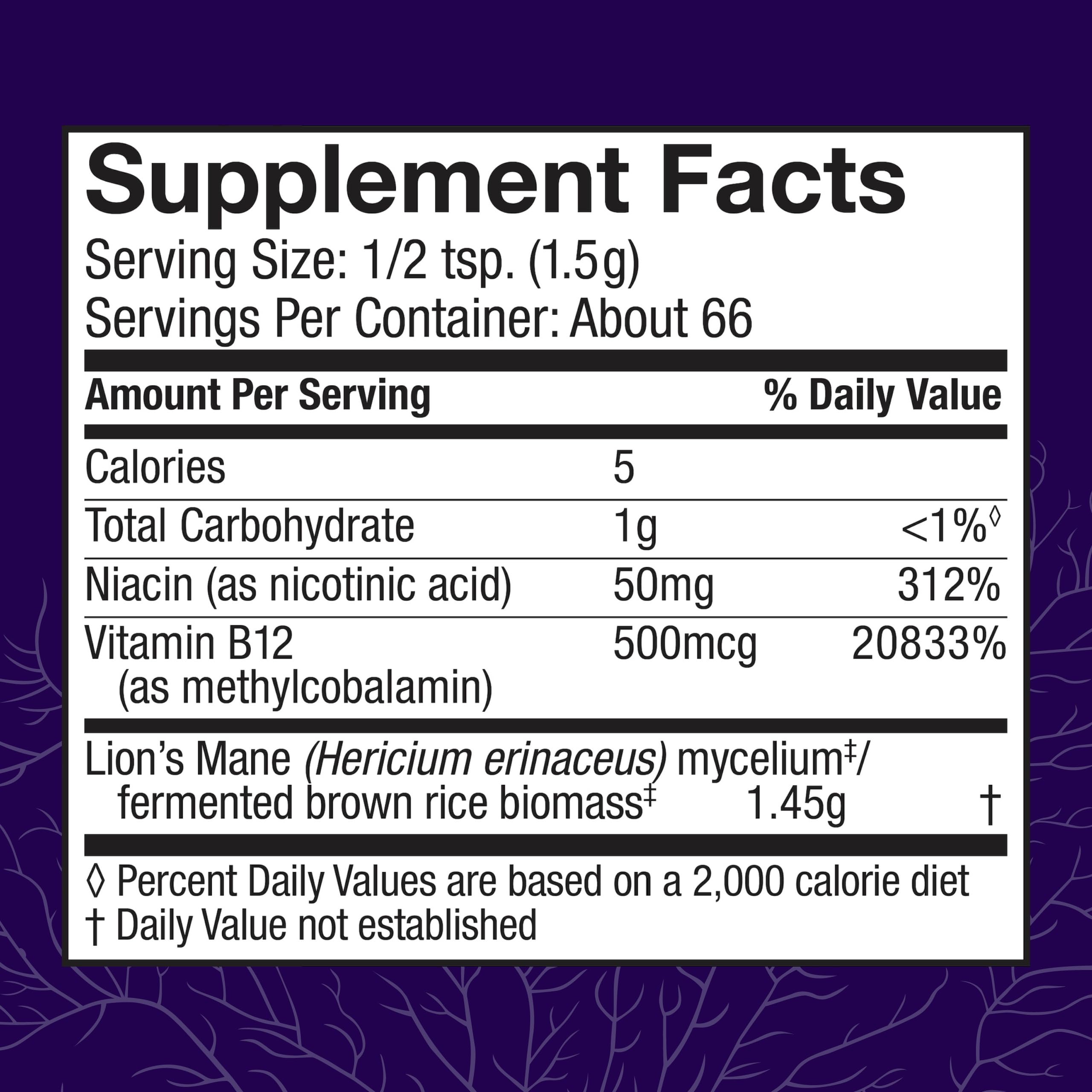 Labels highlighting Lion's Mane, Niacin (B3) and Vitamin B12