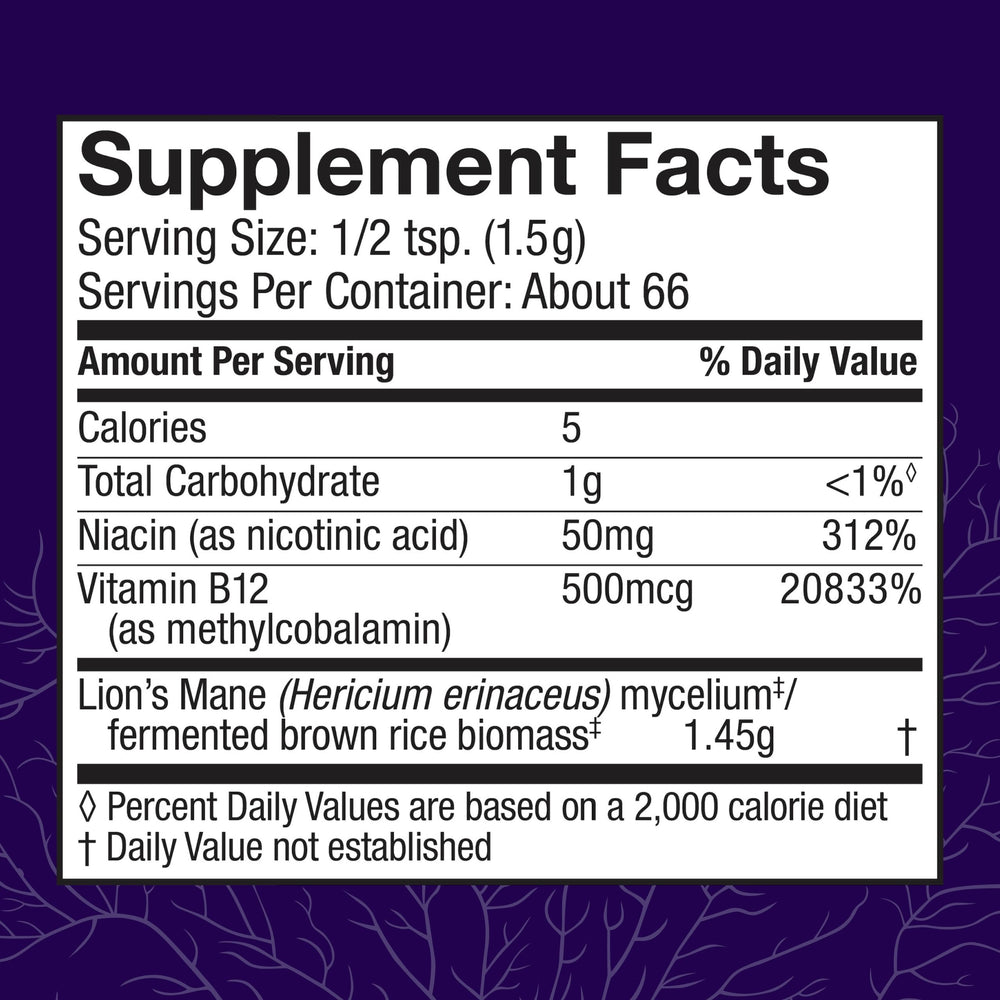 Labels highlighting Lion's Mane, Niacin (B3) and Vitamin B12
