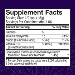 Labels highlighting Lion's Mane, Niacin (B3) and Vitamin B12