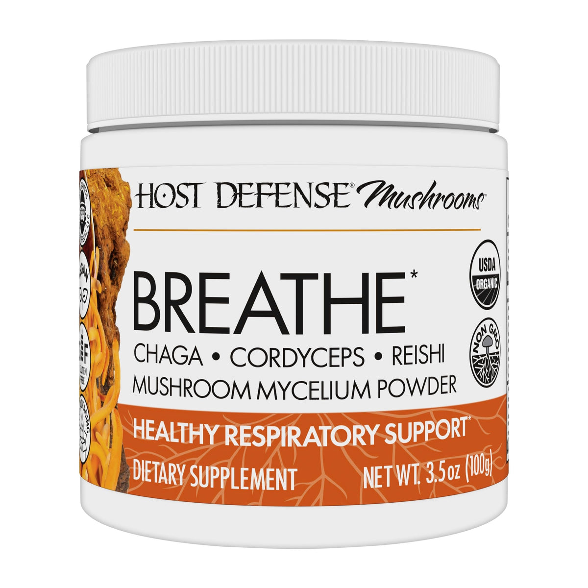 Host Defense Breathe Powder bottle label on a clean background